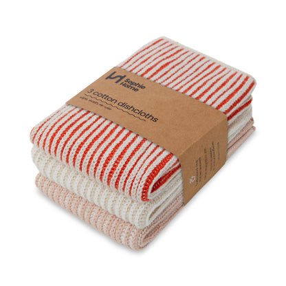 Reusable Ribbed Dishcloths: Tomato/Ivory/Pink