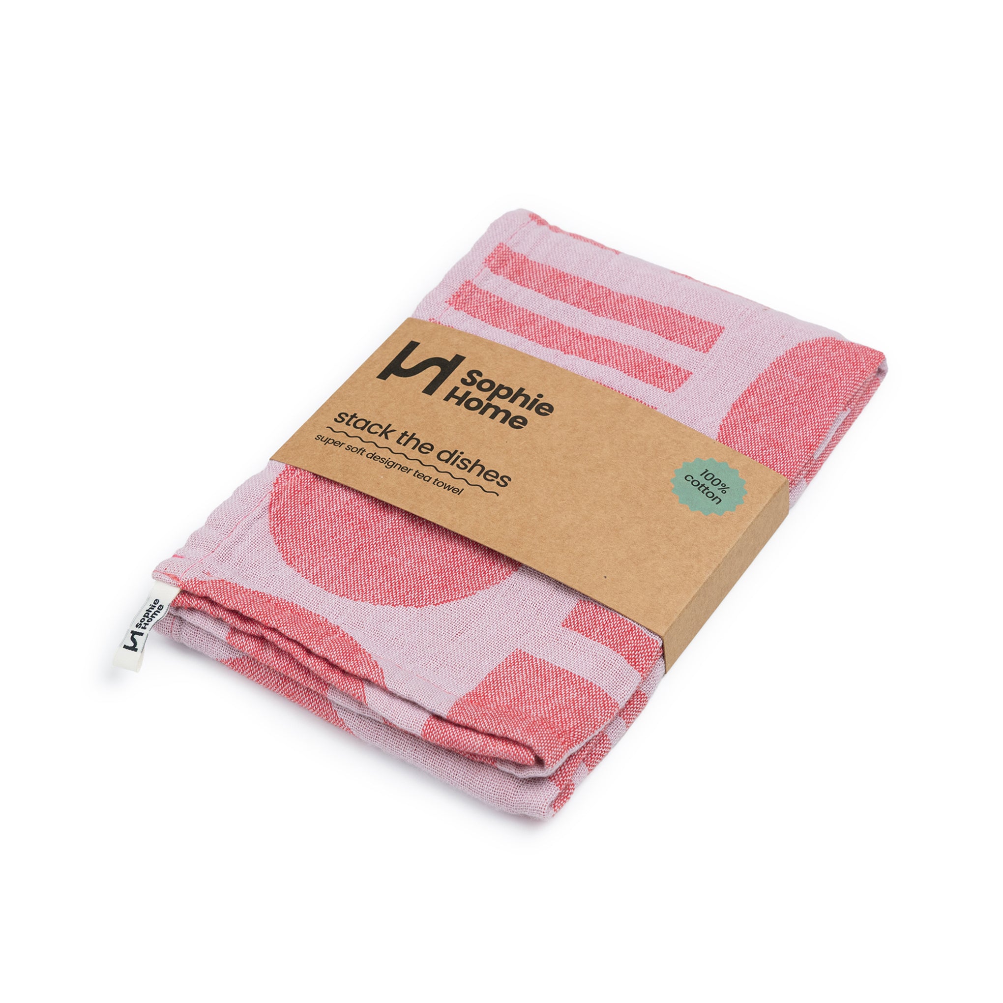 Designer Cotton Tea Towel: Stack The Dishes Pink