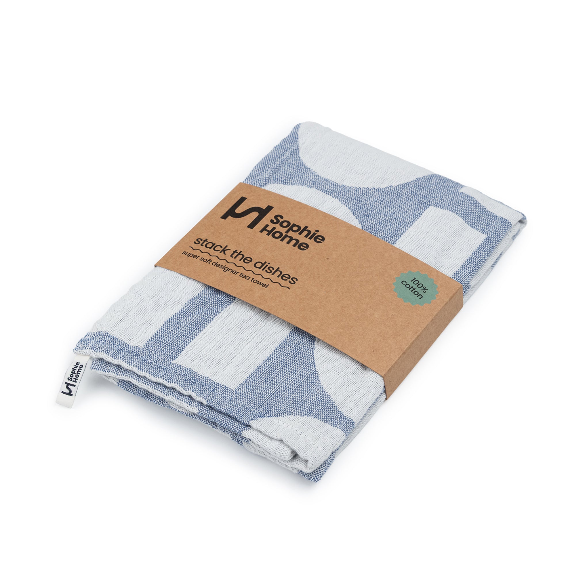 Designer Cotton Tea Towel: Stack The Dishes Cobalt