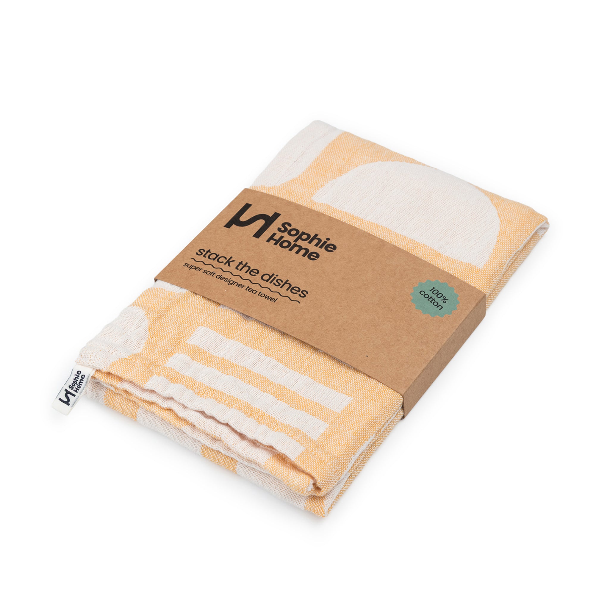 Designer Cotton Tea Towel: Stack The Dishes Yellow