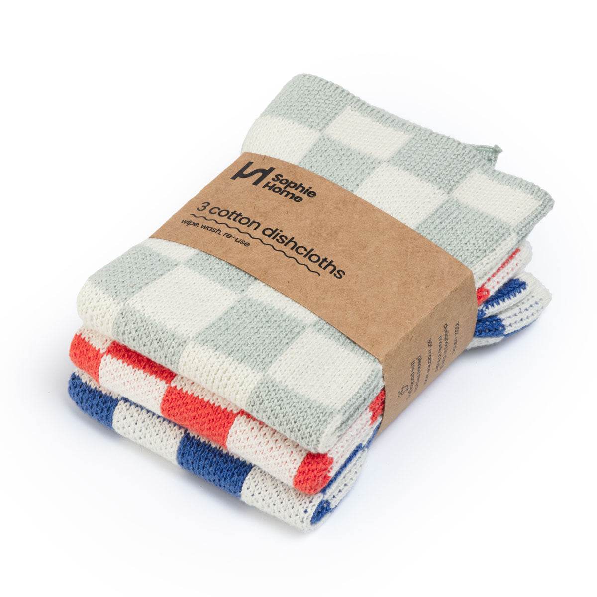 Reusable Check Dishcloths: Aqua/Tomato/Cobalt