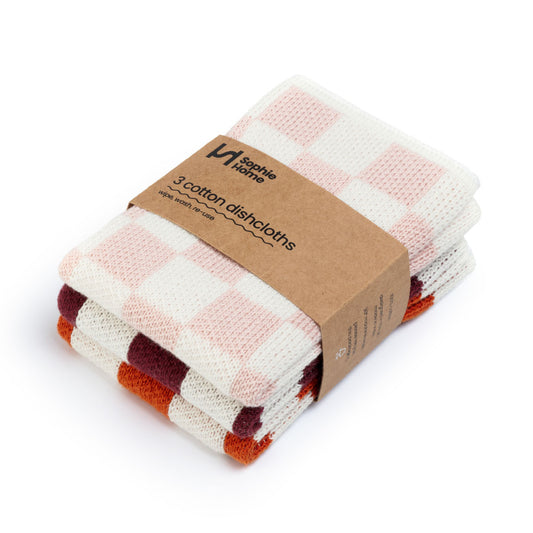 Reusable Check Dishcloths: Pink/Burgundy/Orange