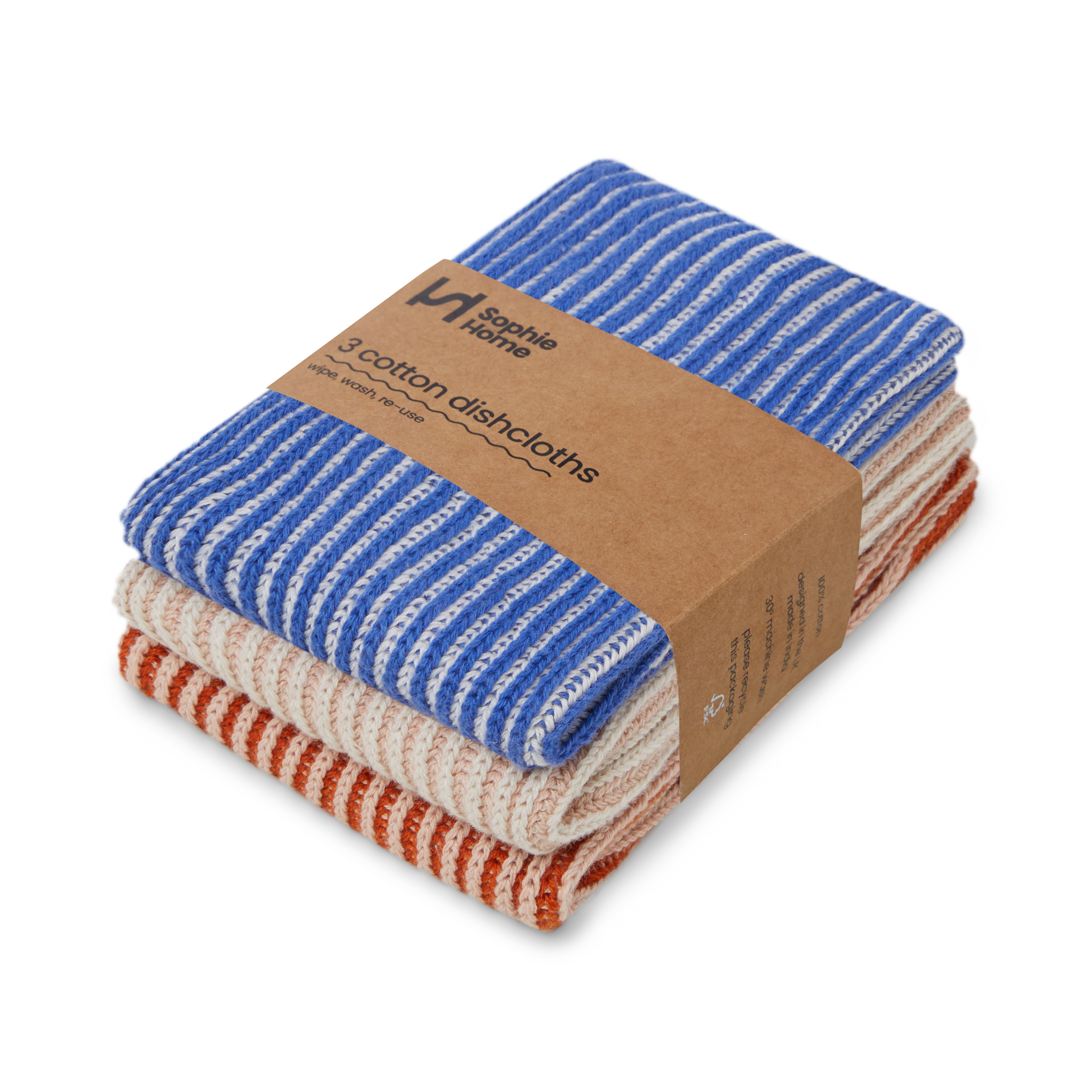 Reusable Ribbed Dishcloths: Cobalt/Pink/Rust
