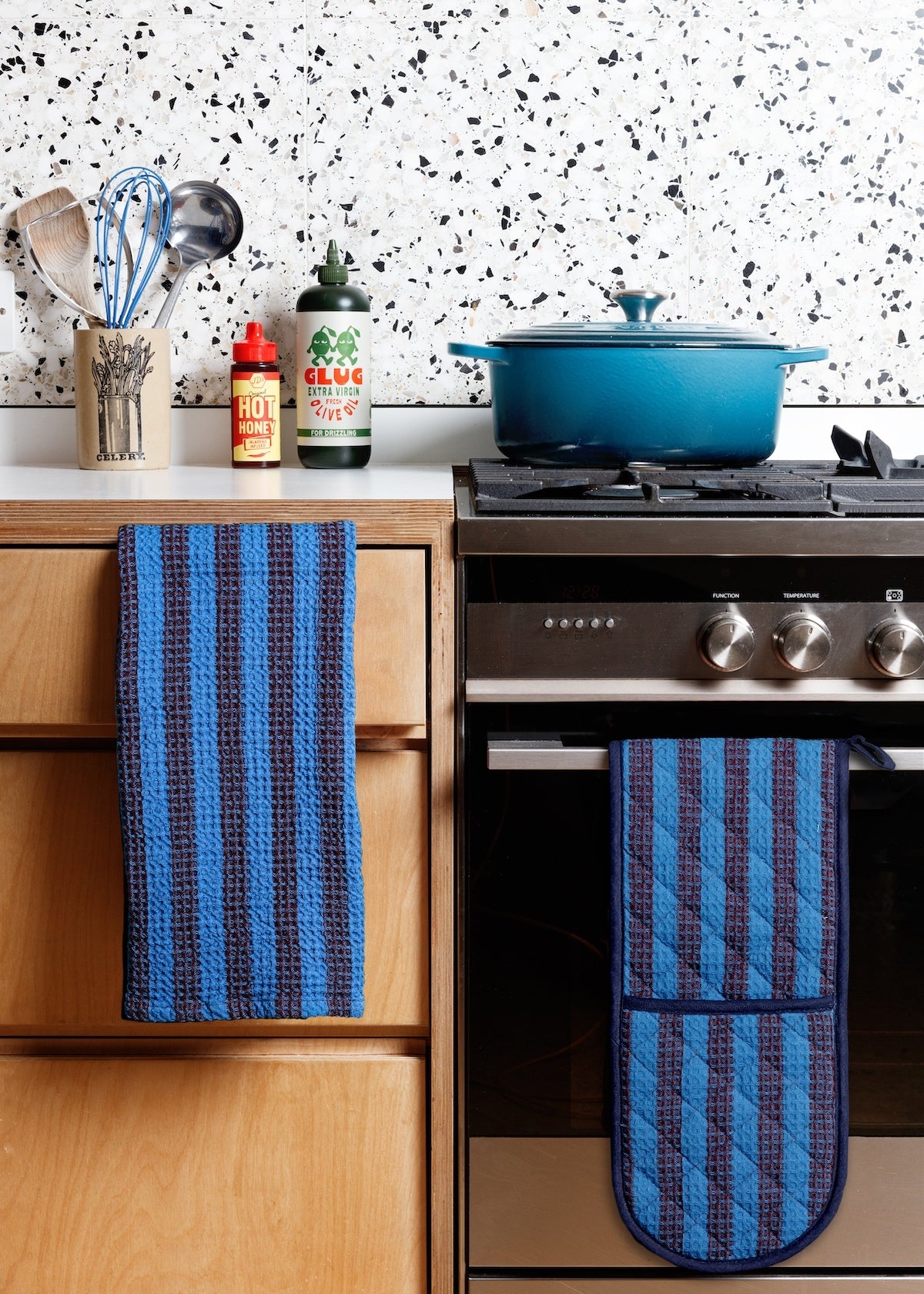 Striped Double Oven Glove: Cobalt & Burgundy