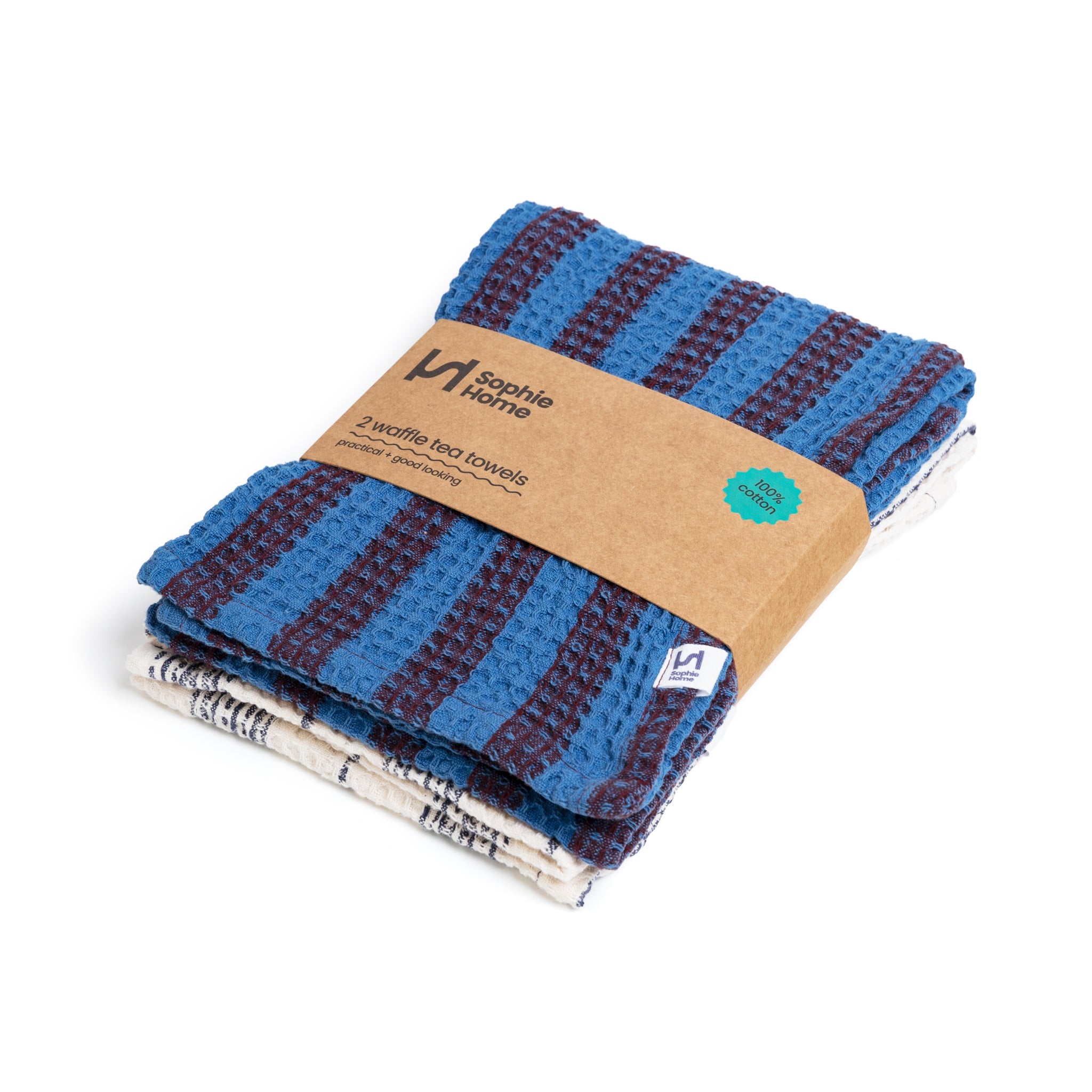 Cotton Waffle Tea Towel 2 Pack: Cobalt & Ivory