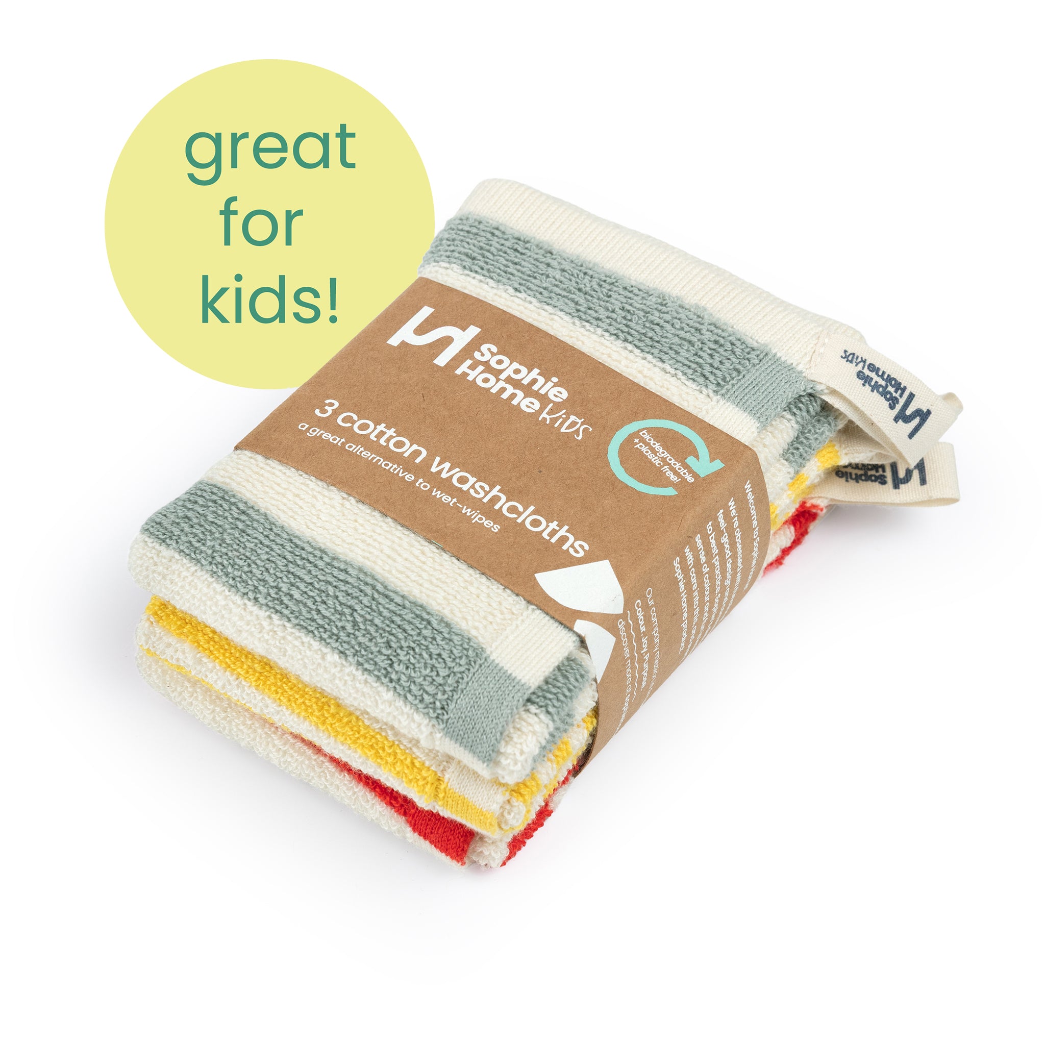 Kids Striped Washcloths: Aqua/Yellow/Red