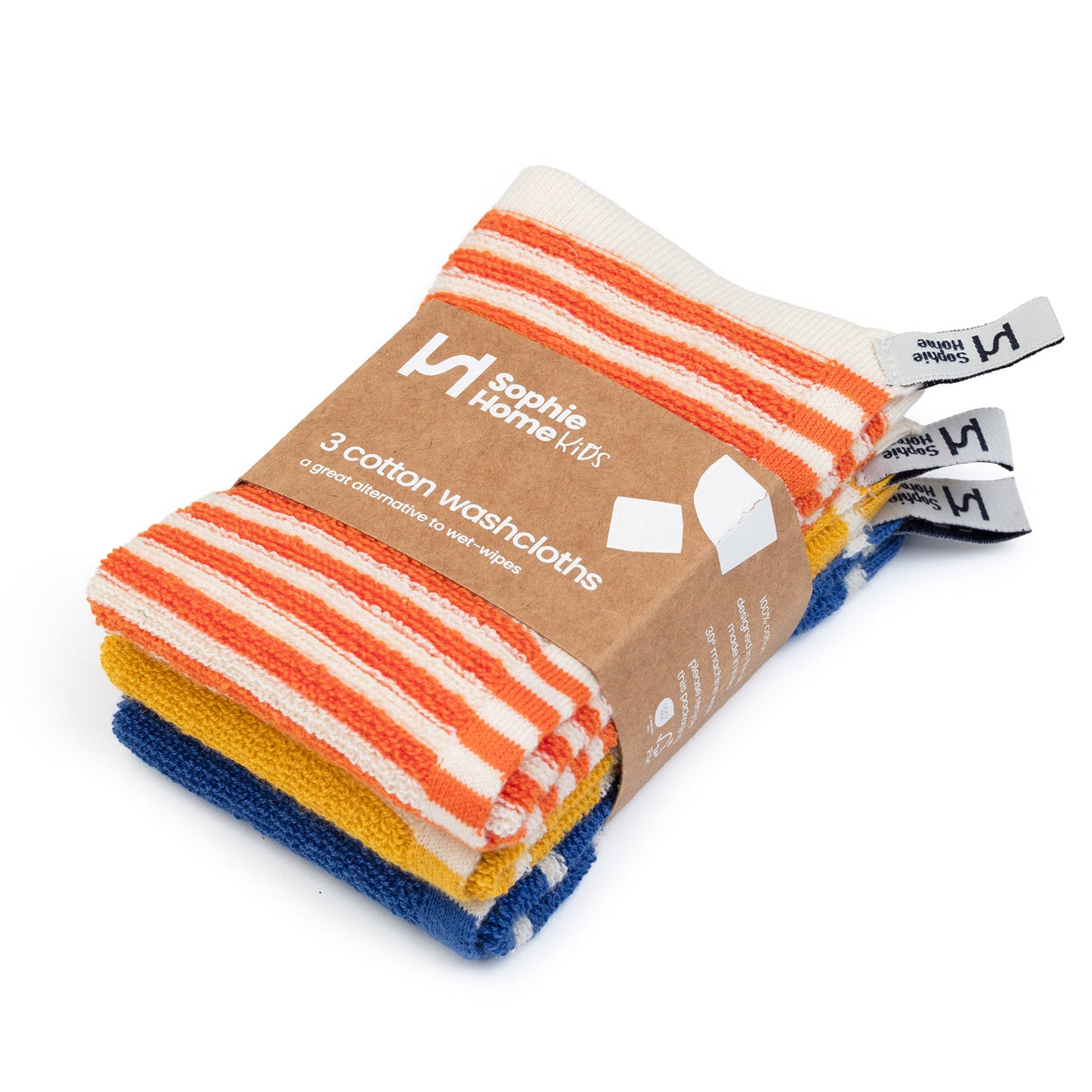 Kids Striped Washcloths: Orange/Yellow/Cobalt
