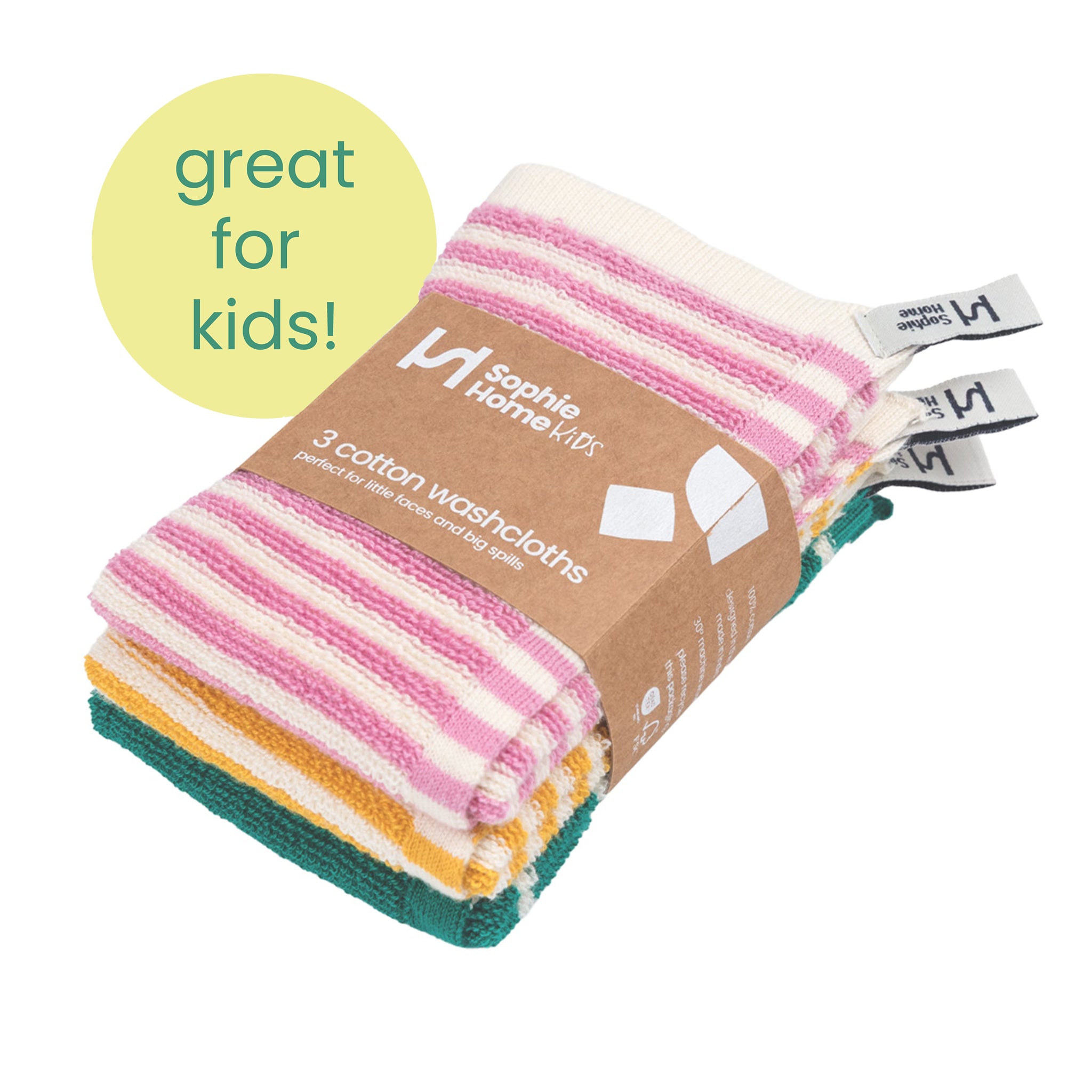 Kids Striped Washcloths: Pink/Yellow/Green